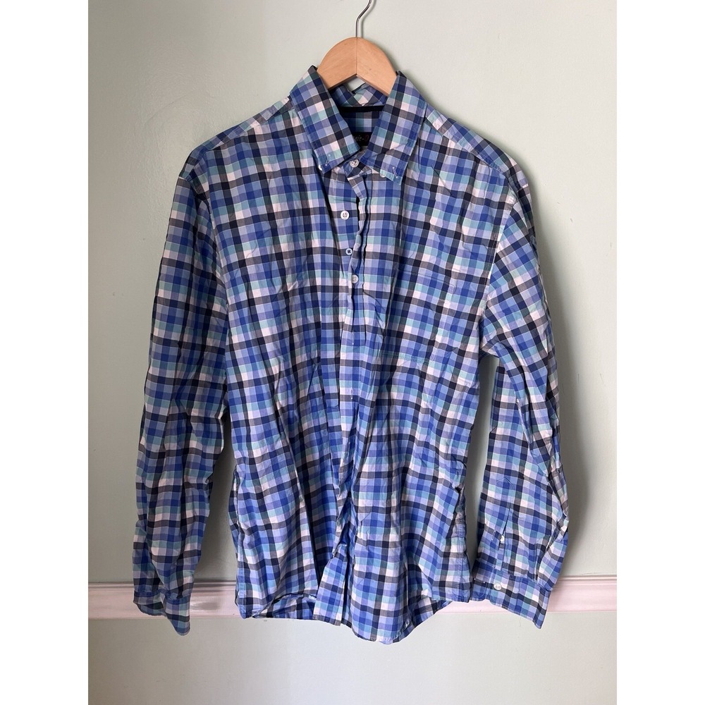 Johnnie O Mens Large Shirt Button Down L/S Blue Windowpane Plaid Egyptian Cotton